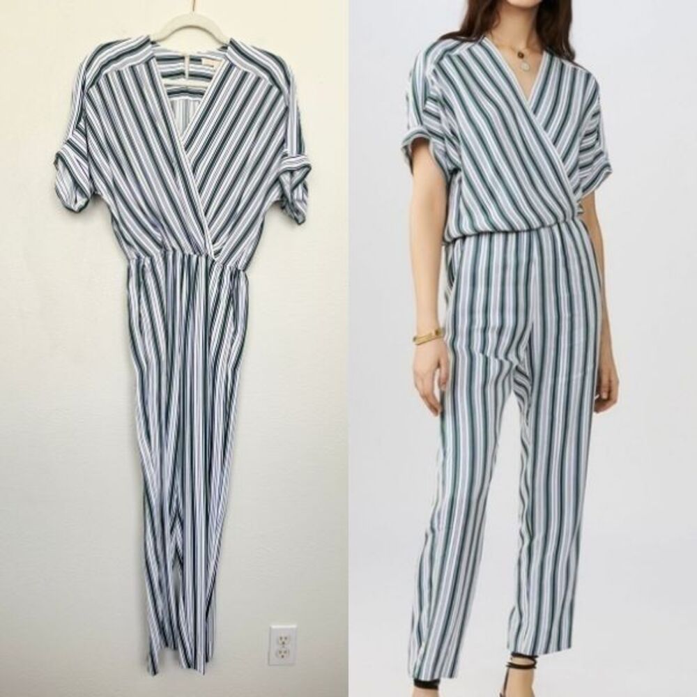 NWT Maje Pandora Striped Jumpsuit Surplice V-Neck White Green Women's 38 (US 8)